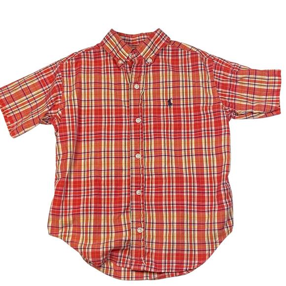 Ralph Lauren Button Down Shirt Kids Size 5 Red Yellow Plaid Pony Short Sleeve - Picture 1 of 4